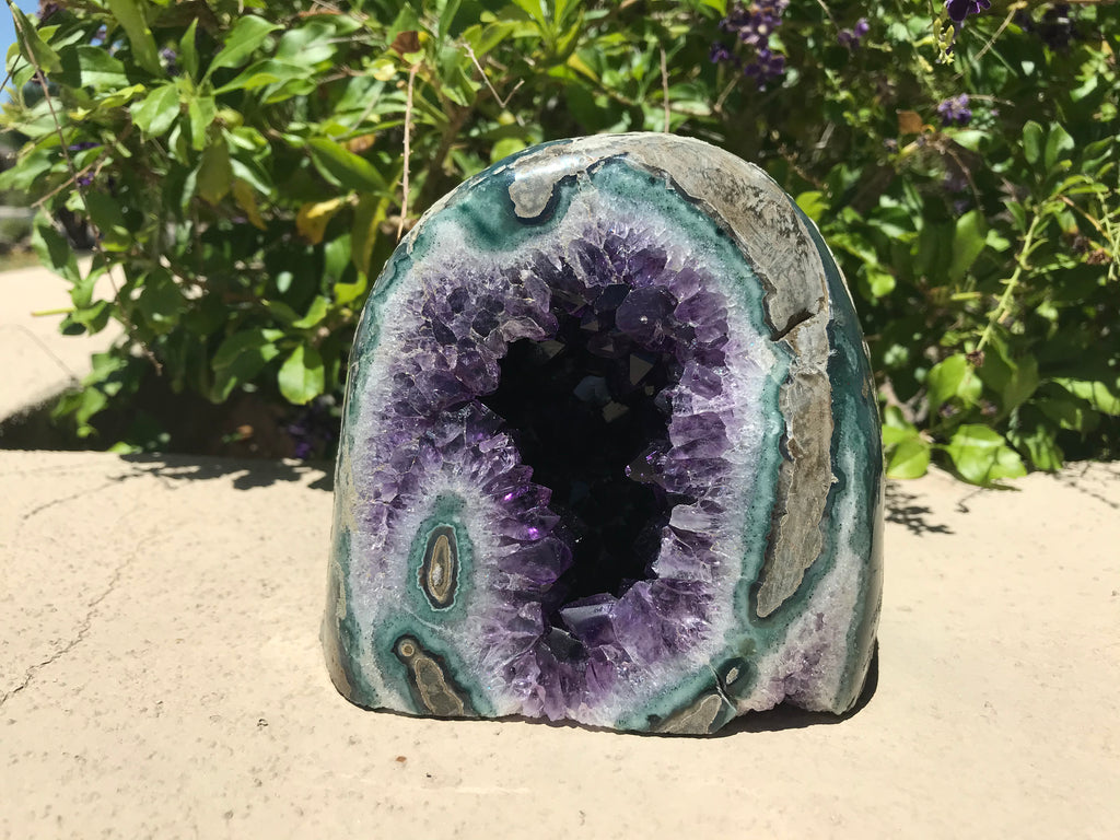 Green Banded Agate with Amethyst Crystals Geode
