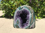 Green Banded Agate with Amethyst Crystals Geode