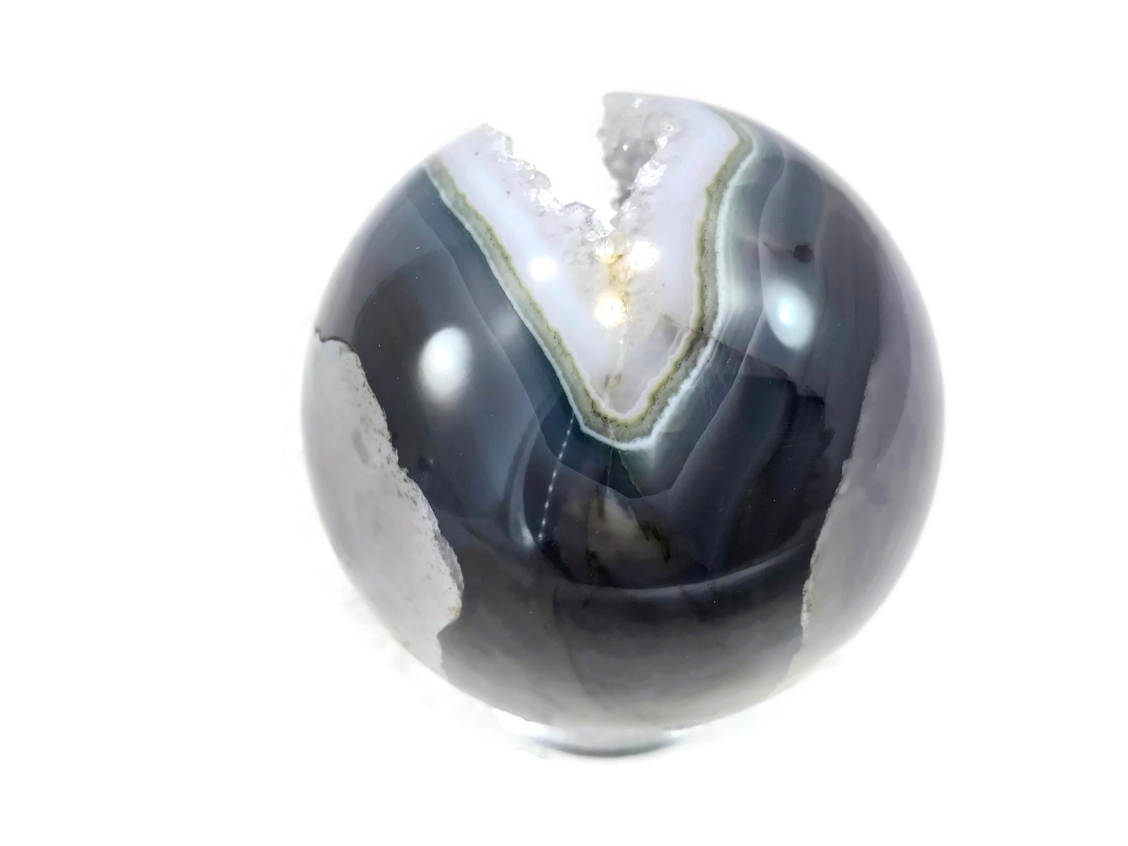 Blue and Green Agate with Quartz Crystals Sphere