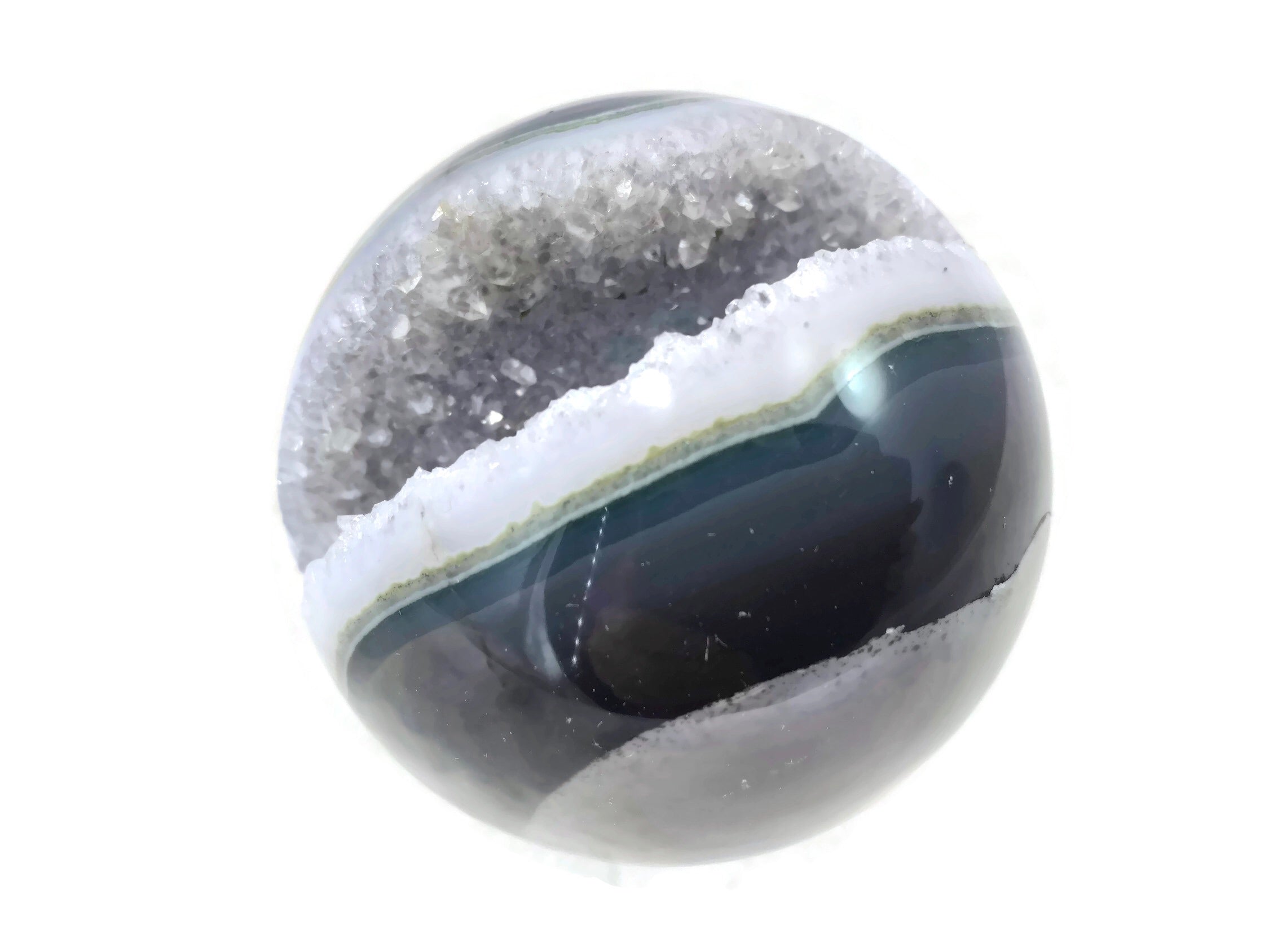 Blue and Green Agate with Quartz Crystals Sphere